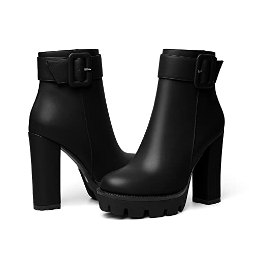 Mettesally Womens Platform Buckle Ankle Boots Round Toe Chunky Block High Heels Side Zipper Short Boots Office Winter Shoes4