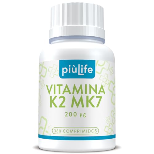 Vitamina K2 MK7 200 mcg 360 Mini Comprimidos PiùLife, Vitamina K Y Menaquinona MK7 (100% All-trans MK-7), Suplemento Mantenimiento Huesos Normales, Articulaciones, Alta Biodisponibilad