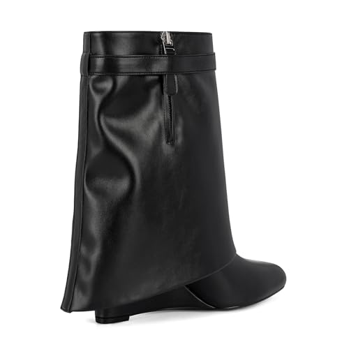Women Fold Over Wide Mid-calf Boots Platform Wedge Heel Round Toe Faux Leather Pull On Shark Booties with Padlock Short Boots4