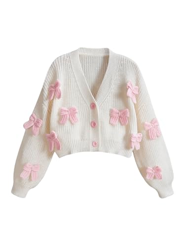 Image of BEAUDRM Women's Plus Size Bow Crop Sweater Cardigan V Neck Button Up Long Sleeve Cute Cardigans