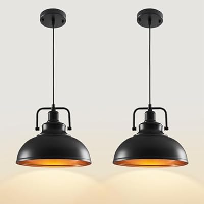COTTMIC Black Pendant Lights Farmhouse Pendant Light Fixture 11.5in 2 Pack, Adjustable Height, Vintage Pendant Lights for Kitchen Island, Dining Room Barn, Bar, Living Room