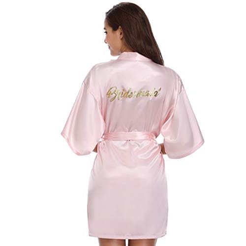 Vlazom Bata Novia Boda de Saten, Batas Dama de Honor con Cinturón,Kimono Mujer de Seda Suave y Sexy,S,Rosado (dama de honor)