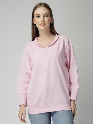 Image of Women's Boyfriend /Loose Fit Full Sleeve Drop Shoulder Loopknit V-Neck Neck Sweatshirt Oversized Cotton Winter T-Shirt for Women Korean Style Casual | Trendy Baggy Fit for Girls