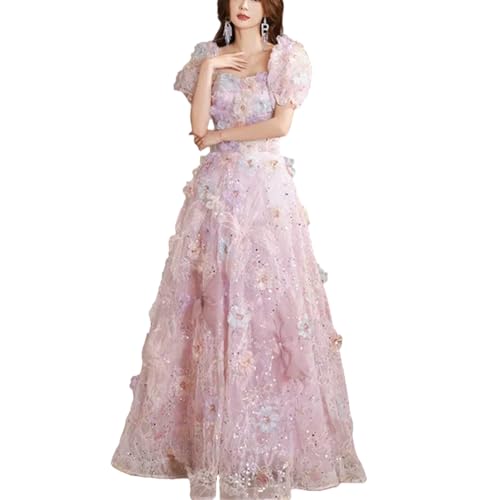 Women Pink Flowers Sequined Off Shoulder Princess Dress Girls Evening Floor Length Luxury Dresses