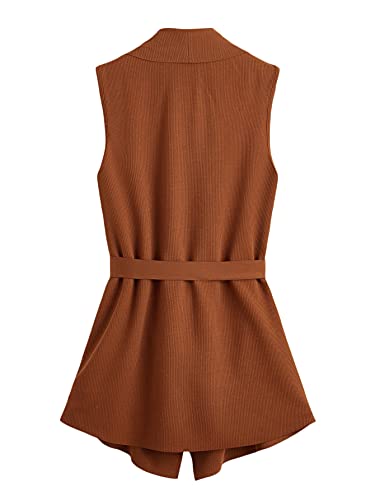 Shein Women's Sleeveless Open Front Long Vest Jacket Tie Waist Cardigan Blazer Outfits Brown Small #TOP1
