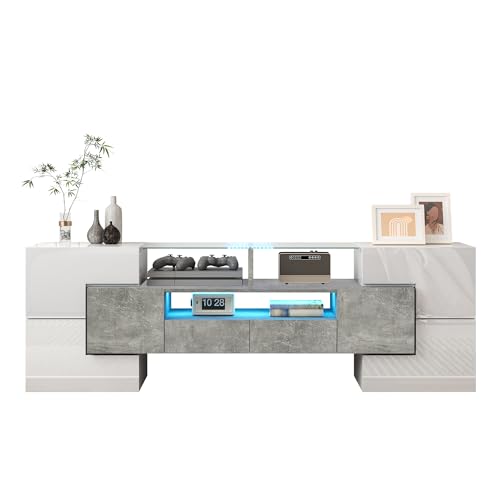 KecDuey Elegante mobile TV da 145 cm, colore bianco lucido, banco TV con illuminazione LED e piano in vetro per soggiorno, design moderno (bianco e grigio, 145 cm)