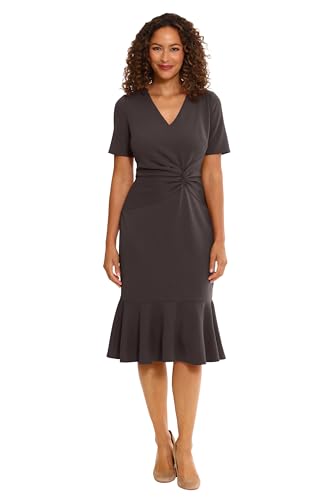 Image of London Times Women's V-Neck Dress - Flounce Hem, Twist Waist, Elegant Office & Event Wear