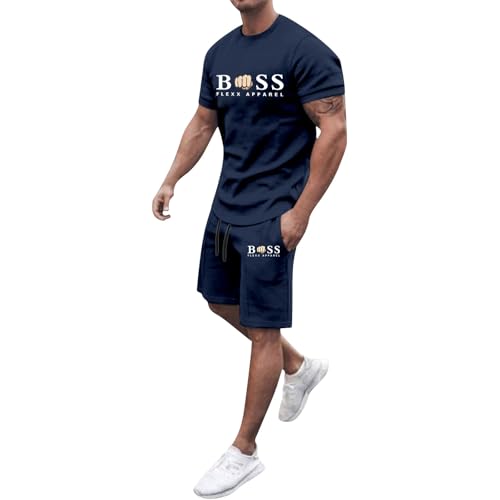 Vhersily Tuta Uomo Completa Estivi 2 Pezzi Tute Cotton Tee Shirt a Manica Corta e Pantaloncino con Tasche Coulisse Set Ginnastica Traspirante Casual Streetwear per Trekking e Jogging Palestra Fitness