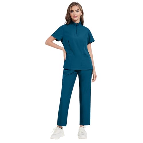 Meichoon Uniforme médico con cremallera, cuatro bolsillos, pantalón de yoga elástico, absorbe el sudor y de secado rápido DK50Cyan M