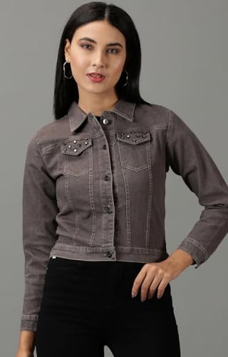 Image of SHOWOFFFF Women Solid Denim Jacket | Spread Collar Full Sleeves Denim Jacket for Womens | Regular Fit Regular Length Jacket for Women's