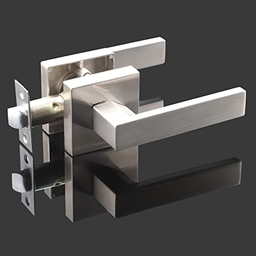 E-Home Hardware Contractor Pack Of 10 Passage Door Handles Sets, Interior Door Knobs For Hallway/Closets Doors, Pantry/Storerooms, Durable Satin Nickel Finish Heavy Duty Square Door Handles Set #TOP1