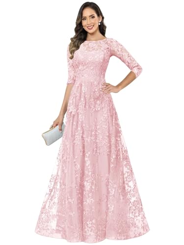 BOLENSYE Lace Appliques Mother of The Bride Dress Sequins Crewneck 3/4 Sleeves A-Line Elegant Formal Dresses