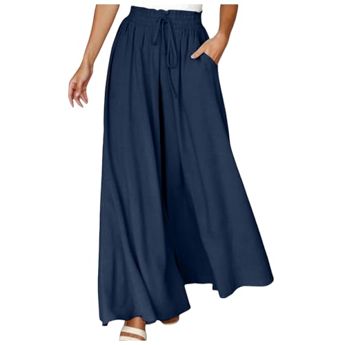 Jupe Culotte Femme Fluide Été Coton Lin Pantalon Large Taille Haute Elastique Grande Léger Chic Élégant Palazzo Poches Cordon Casual