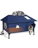 Heated Cat House for Outside Cats Winter, Large Hip Roof 100% Waterproof Outdoor Cat House, Elevated Base, Weatherproof Insulated Shelter for Stray Feral Barn Cat (Dark Blue, 28" Lx16 Wx14 H)