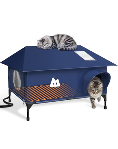 Heated Cat House for Outside Cats Winter, Large Hip Roof 100% Waterproof Outdoor Cat House, Elevated Base, Weatherproof Insulated Shelter for Stray Feral Barn Cat (Dark Blue, 28" Lx16 Wx14 H)