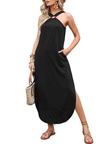 ANRABESS Women Summer Halter Neck Sundress Sleeveless Split Side Casual Beach Travel Vacation Maxi Long Dress with Pockets3
