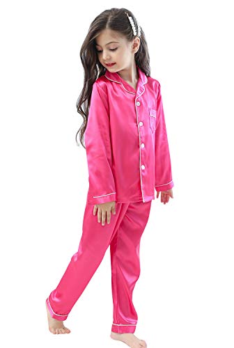 Image of Pajamas Kid Unisex Pjs Set Girls Boys Silk Pajamas Set Satin Long Sleeve 2 Piece Clasic Sleepwear for 2-12 Years Todder