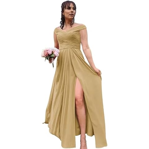 Ouyisha Plus Size Bridesmaid Dresses Long Chiffon Formal Off The Shoulder Wedding Guest Dresses for Women Gold 2024 US16 Cover