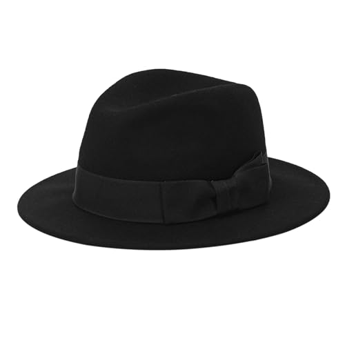 100% Wool Fedora Trilby Hat Classic Wide Brim Panama Felt Hats(Black,L)