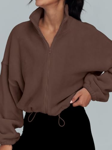 EUDOLAH Damen Reißverschluss Sweatshirt Langarm Fleece Schüttelvlies Pulli Outwear Jacken Herbst Winter Sweatjacke mit Kordelzug Kaffee M