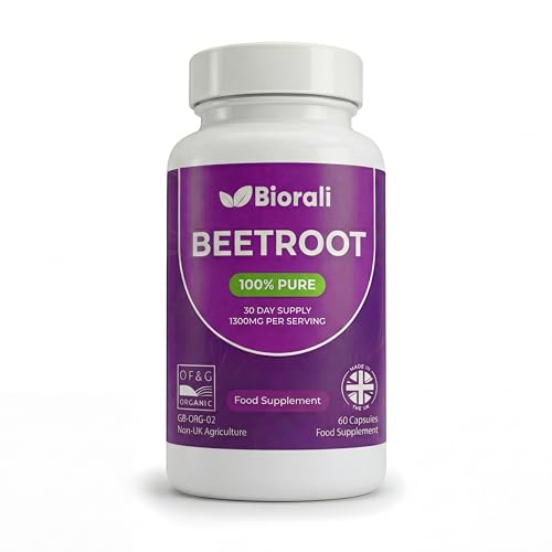 Biorali Organic Beetroot Capsules 1300mg 100% Pure Beetroot Powder Natural Nitric Oxide Booster Certified Organic by of&G 60 Vegan Capsules (30 Day Supply) GMP Manufactured in UK