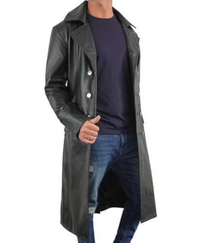 Hide & Seek Men’s Vintage European Officer Black Style Trench Coat - Classic Brando Officer Full Length Leather Long Coat3