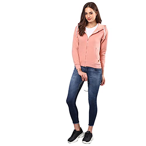 Image of PINACOLADA Women's Light Pink Zip-Front Hoodie with Ribbed Hem for Casual Wear | Hooded Neck | Long Sleeve | Zipper Closure | Cotton Sweatshirt Crafted with Comfort Fit for Everyday Wear