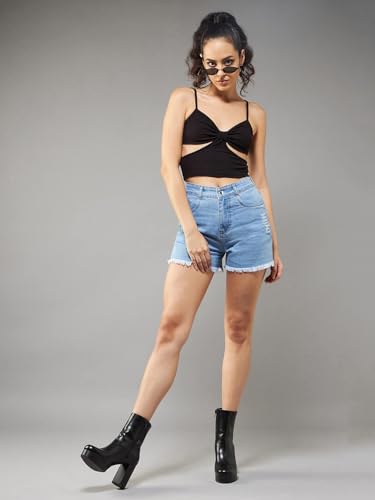 Image of Dolce Crudo Women's Relaxed Fit Mid-Rise Denim Shorts with Adjustable Waist & Frayed Hem