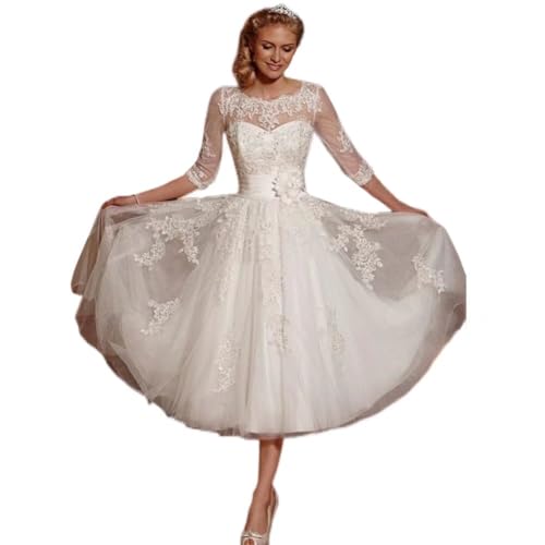 TRHTX Knee Length Short Wedding Dresses for Bride V Neck Chiffon Wedding Bridal Gowns with Sleeves for Women