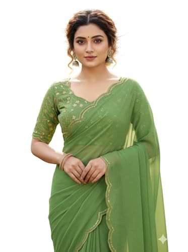 Image of Chinon Silk Saree with Embroidered Blouse, Traditional Georgette Saree, Elephant Embroidery Pattern, V-Neck Design, Free Size, Festival Wear