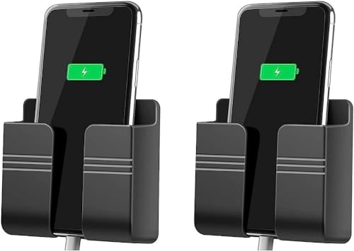 Image of WALLVIEW TECH Pack of 2 Wall Mounted Mobile Holder & Storage Case for Remote with Charging Port, Adjustable Viewing Angle, Multi-Purpose Wall Stand for Phones (Black)