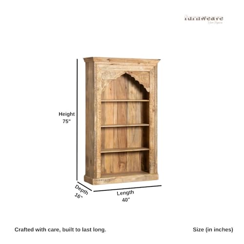 Image of Solid Wooden Book Shelf | Handcrafted Carved Display Unit Book Stand, Antique Wooden Book Shelves for Living Room, Office & Bedroom, Solid Wood Bookcase, Rustic Carved Bookshelf, Natural
