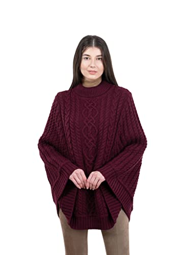Image of SAOL 100% Merino Wool Cable Knit Ladies Irish Aran Poncho Cardigan