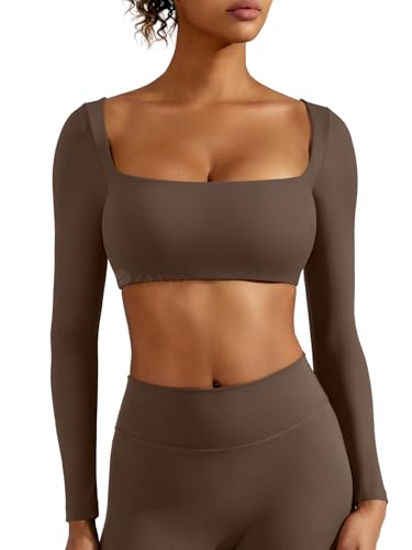 ZAAYO Langarm Crop Top Damen Gym Oberteil Damen Mit Eingebautem BH Basic...