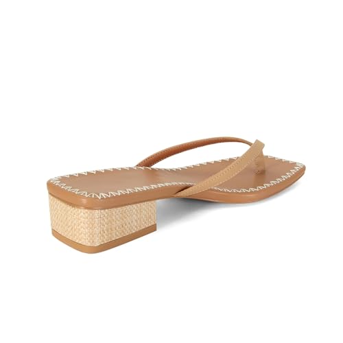 DOEYG Raffia Heels Sandals for Women Summer Beach Flip Flops Square Open Toe Flat Heeled Sandals Dressy Comfortable Slip on Thong Sandals4
