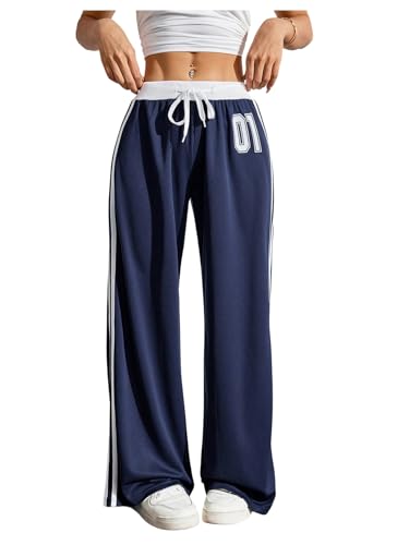 Floerns Women's Letter Striped Drawstring Baggy Pants Mid Rise Casual Wide Leg Trousers