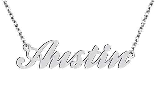 Dancing Wolf Silver Austin Name Necklace Initial Charm Nameplate Necklaces for Womens Birthday Friendship Jewelry Stainless Steel
