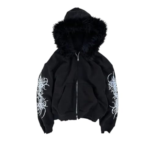 Suncadmious Women's Fashion Y2K Print Zipper Fur Collar Hoodie