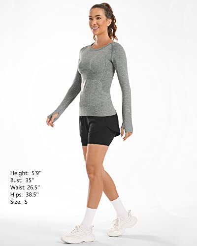 Stelle Womens Breathable Seamless Shirt With Thumb Holes For Yoga Sports Running Workout Athletic Slim Fit, Grey, Medium, Long Sleeve #TOP3