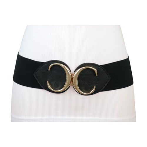 Adjustable Waist Cinch Belt for Women – Black Elastic Wide Belt with Gold Double C Buckle for Dress, Blazer, Coat – Size S/M WB54