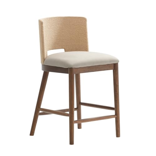 Image of Nathan James Webster Bohemian Round Back Bar Stool, Upholstered Bar Stool with Seagrass Backrest for Kitchen or Bar, Medium Brown Set of 2