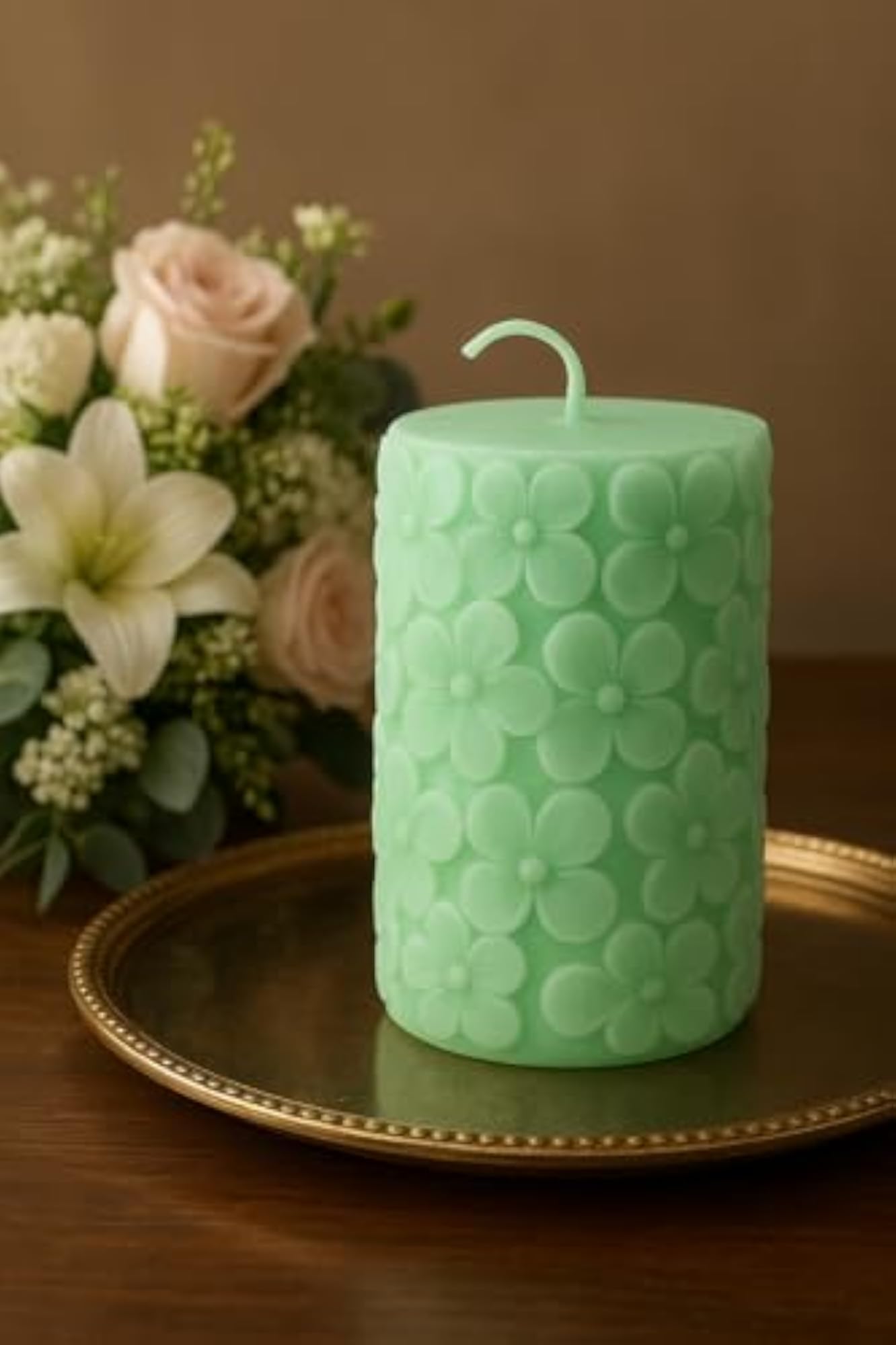 Floral Embossed Scented Pillar Candle in Green