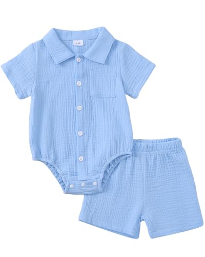 Image of Jecson Newborn Boy Clothes Baby Boy Outfits Summer Cotton 2 Piece Set with Button Down Bodysuit and Shorts 0-18M