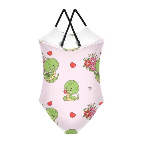 Girls One Piece Swimsuits Cute Snake with Flowers on Pink Sport Halter Swimwear Beach Bathing Suit,7-8T2