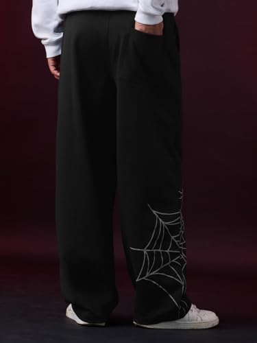 Image of The Souled Store Spider-Man: Wallcrawler Men and Boys Elastic Waistband Black Embroidered Cotton Blend Oversized Fit Lightweight Fleece Korean Joggers
