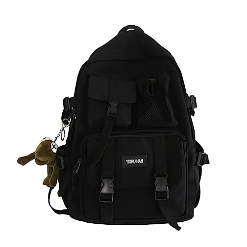 MININAI Mochila estética com pingente de sapo fofo para mulheres e homens, mochila escolar japonesa Harajuku College, Preto, One Size, Japonês