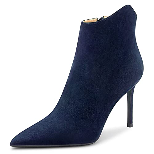 Saekcted Mujer Aguja Alto High Heel Puntiaguada Punta Botines Clásico Slip-on Oficina Fiesta Botas 10 CM Heels Azul Marino Ante 36 EU Cover