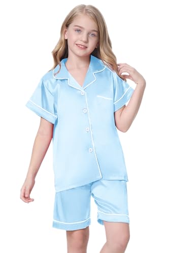 Image of Schbbbta Girls Womens Pajamas, Satin Silky Pjs Set Kids 2Pcs Button-Down Nightwear Sleepwear Gift for Mommy and me