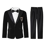 LOLANTA Traje de Terciopelo Negro absoluto para niño – Conjunto Elegante para Boda, Fiesta o Ceremonia con Americana, pantalón, Camisa y Pajarita (Negro absoluto, 7-8 años, 130)