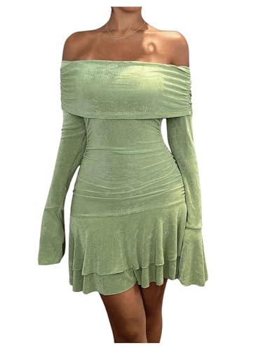 SOLY HUX Women's Off The Shoulder Mini Dress Bell Long Sleeve Ruffle Hem Ruched Bodycon Dresses Pure Green Large